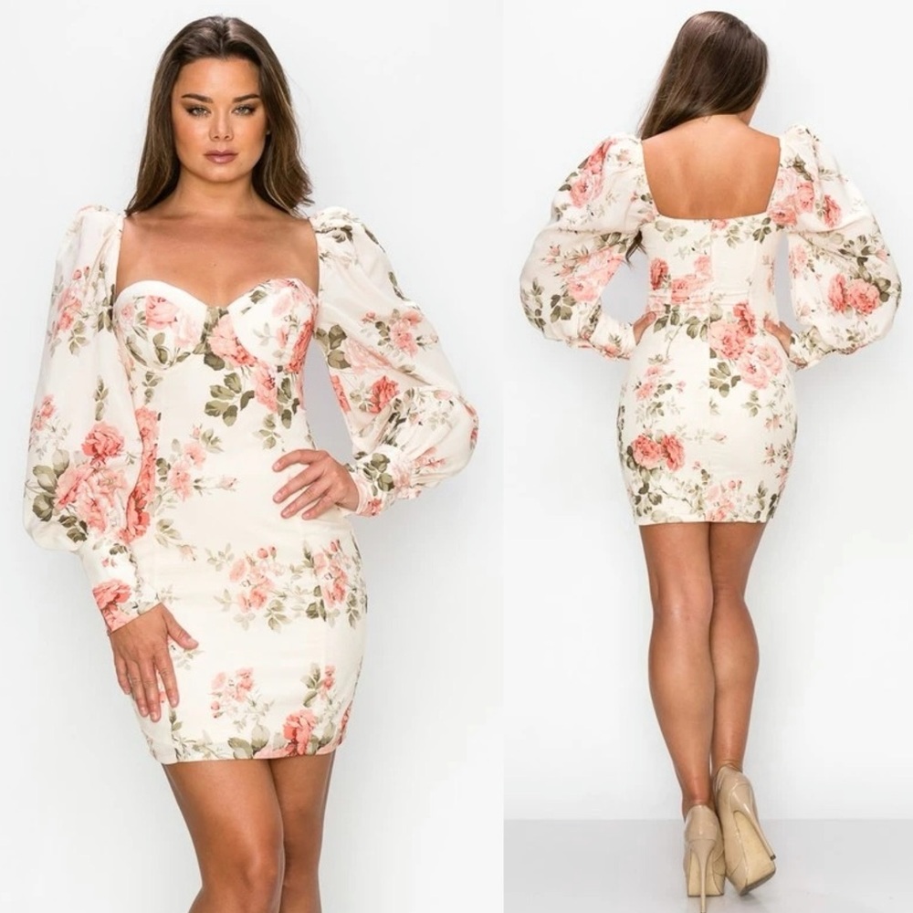 🪷 Romantic Sweetheart Floral Puff Sleeve Mini Dress (B)